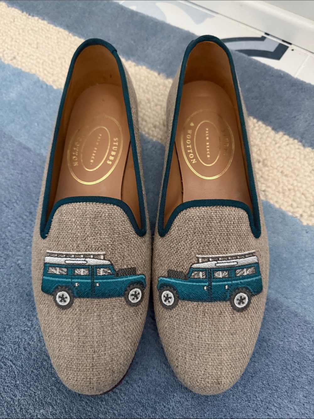 Stubbs & Wootton Tweed Loafers with Teal Car Embroidery NEW
